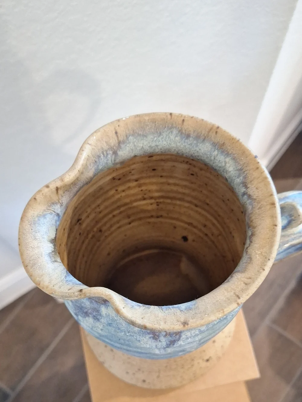 Vintage Speckle Stoneware Pitcher With Blue Drip Glaze Earthenware